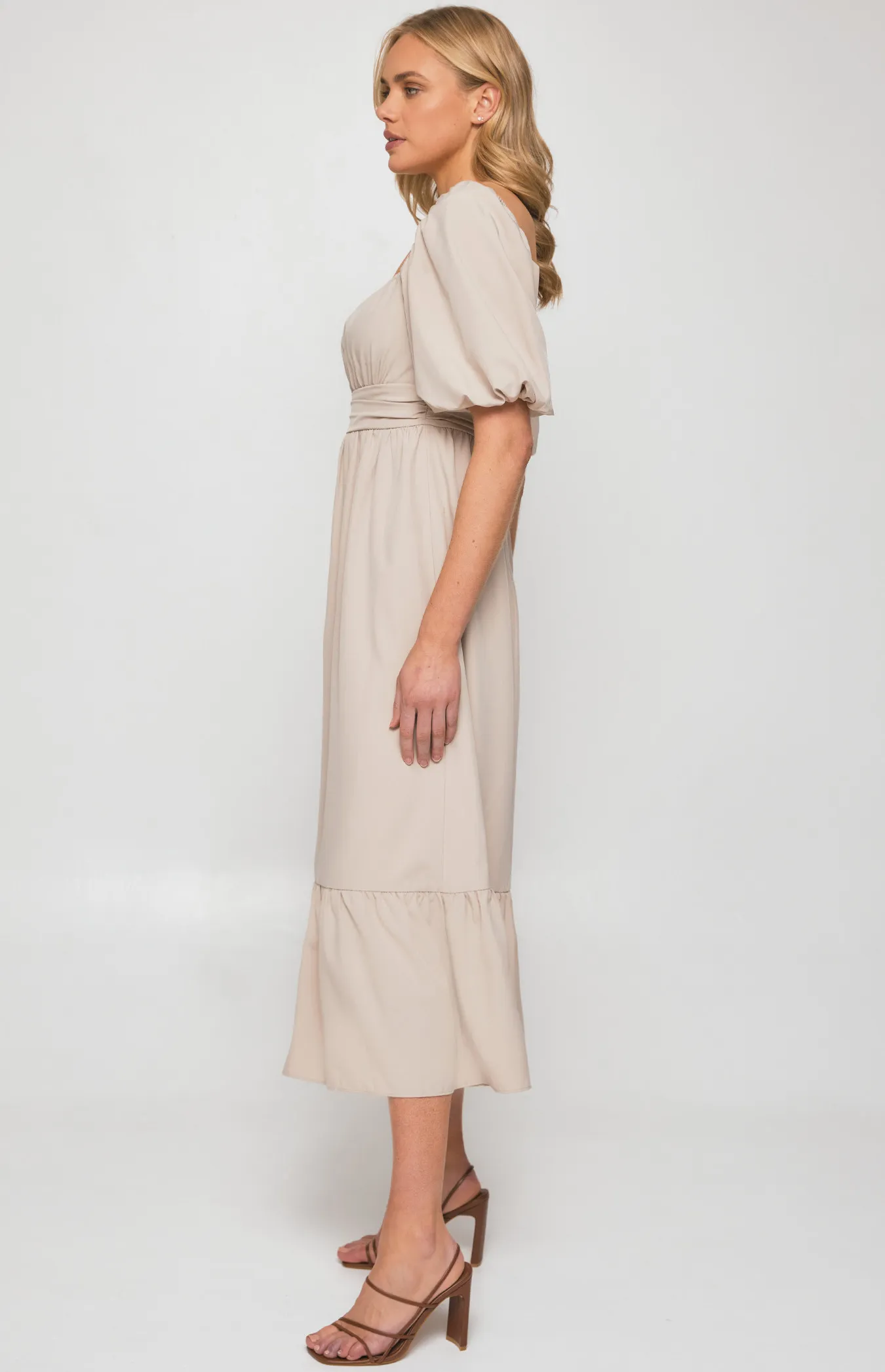 Square Neckline Midi Dress with Pleated Waist Detail (SDR1254B)