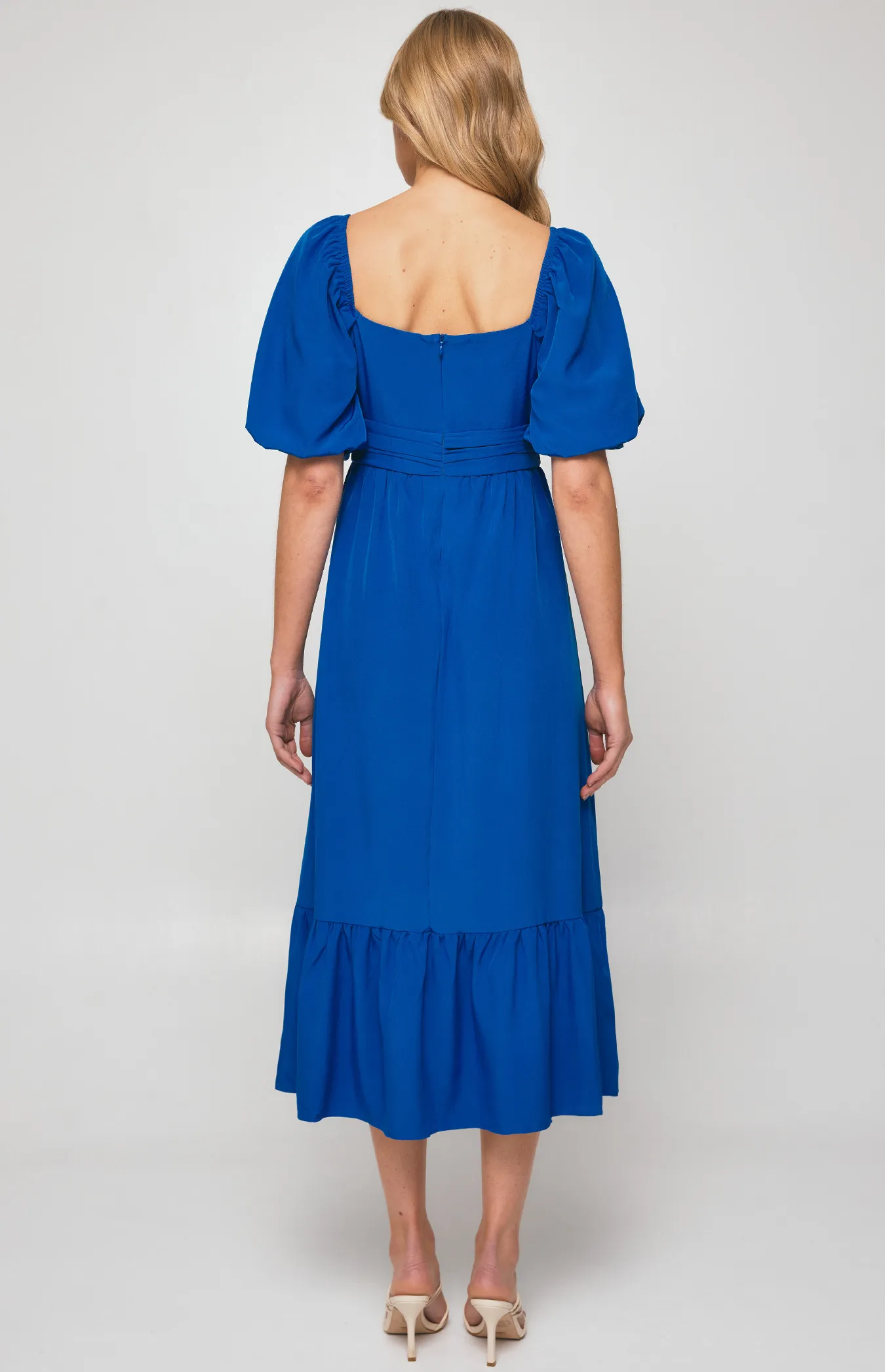 Square Neckline Midi Dress with Pleated Waist Detail (SDR1254B)