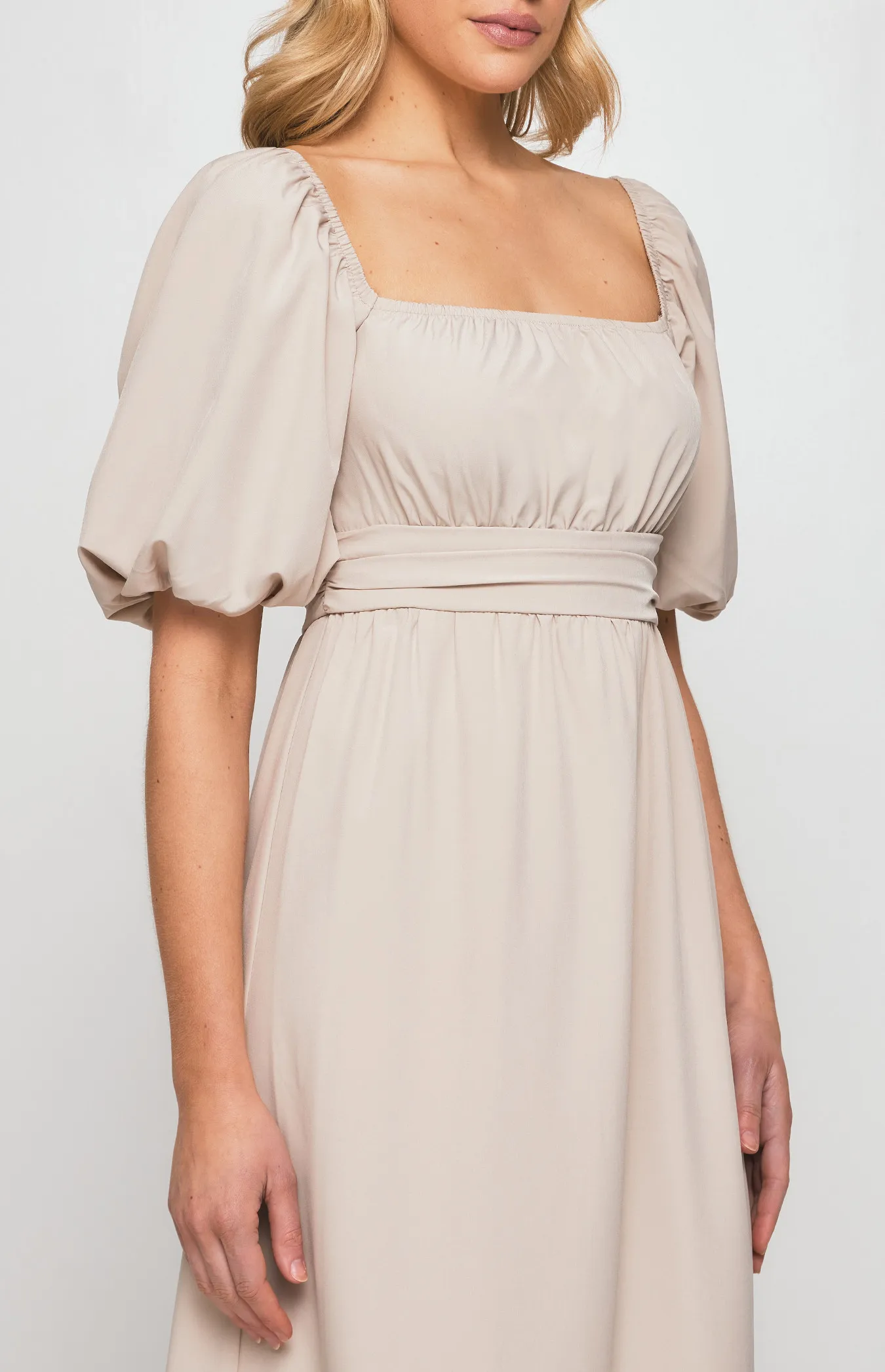 Square Neckline Midi Dress with Pleated Waist Detail (SDR1254B)