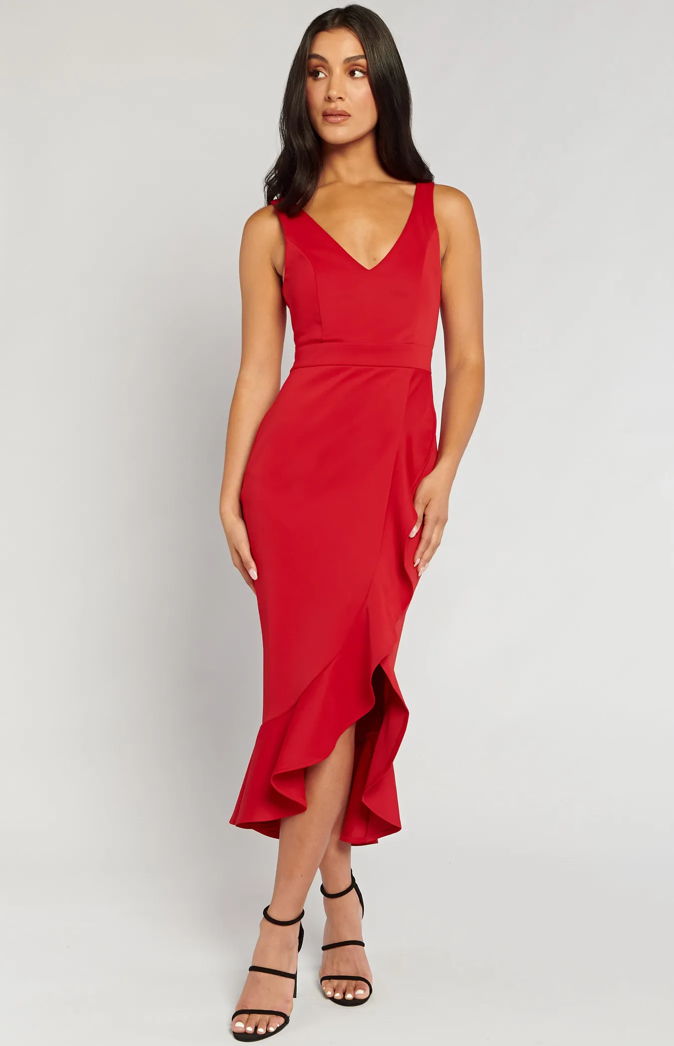 Stretch Fabric V Neckline Waterfall Frill Hem Dress (SDR1309A)