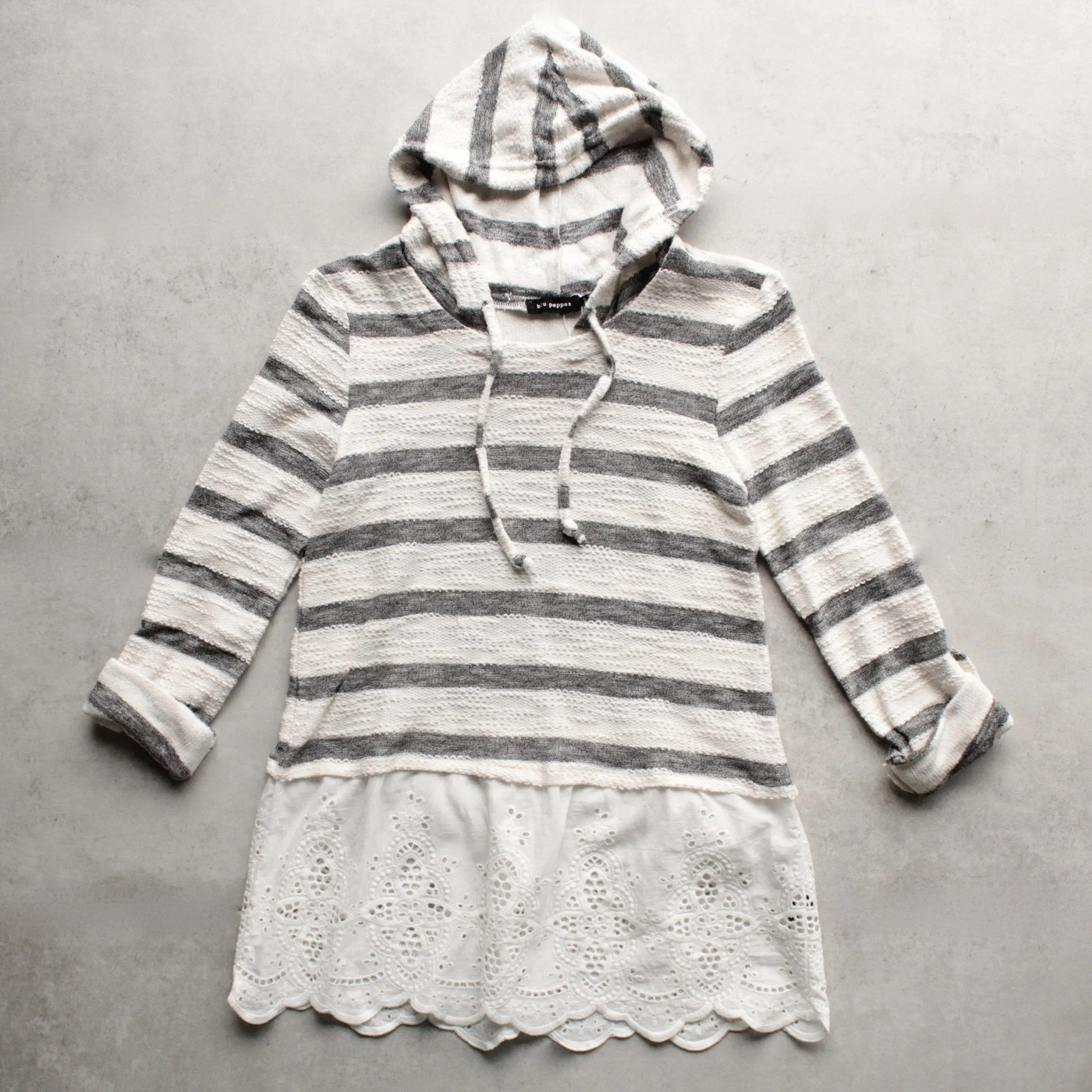 Striped Vintage Lace Hem Women's Hoodie Sweater Top