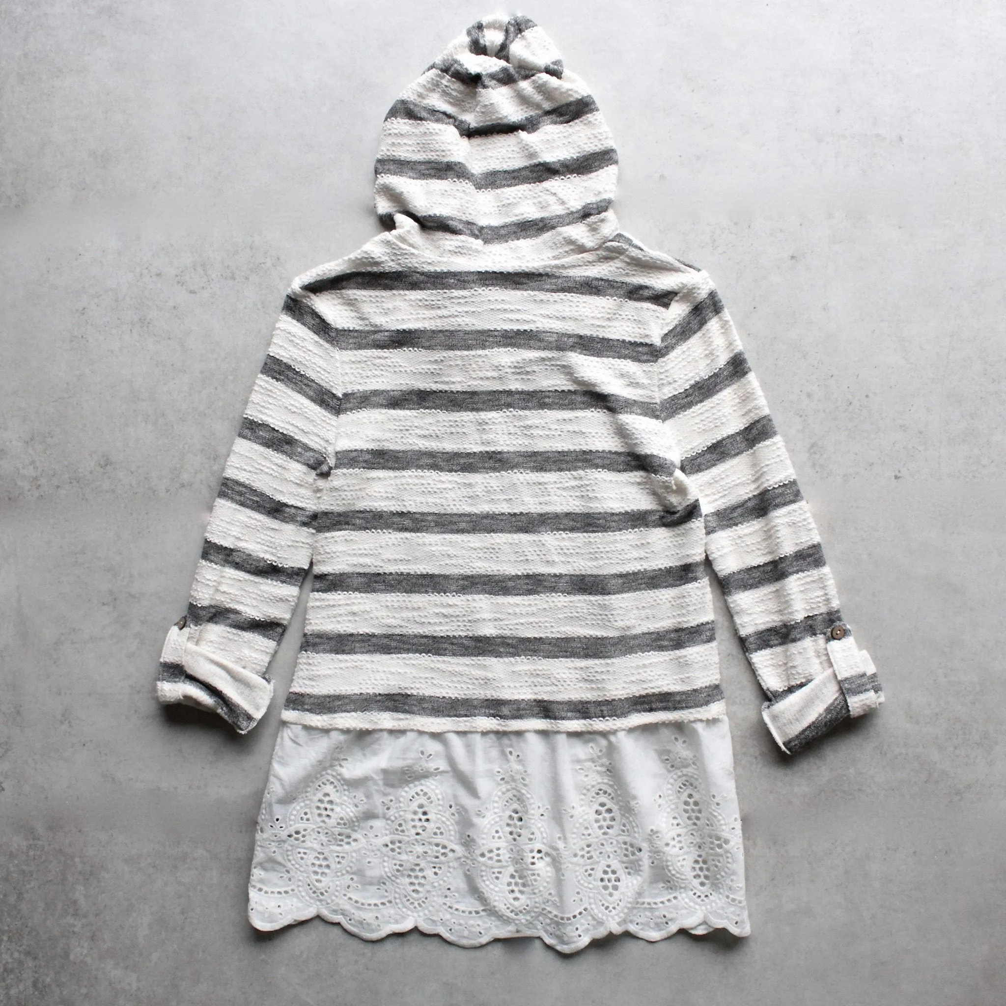 Striped Vintage Lace Hem Women's Hoodie Sweater Top