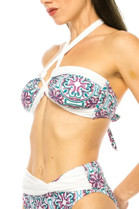 TWO PIECE FLORAL PRINTS CRISS CROSS HALTER BIKINI