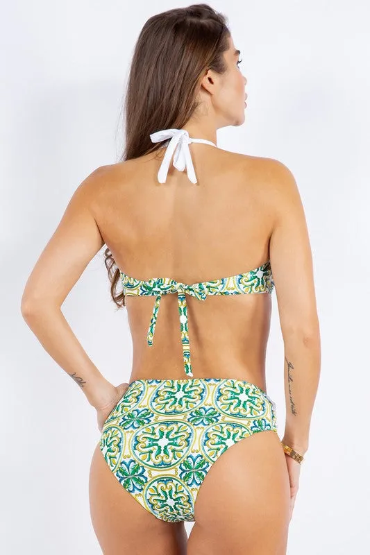 TWO PIECE FLORAL PRINTS CRISS CROSS HALTER BIKINI