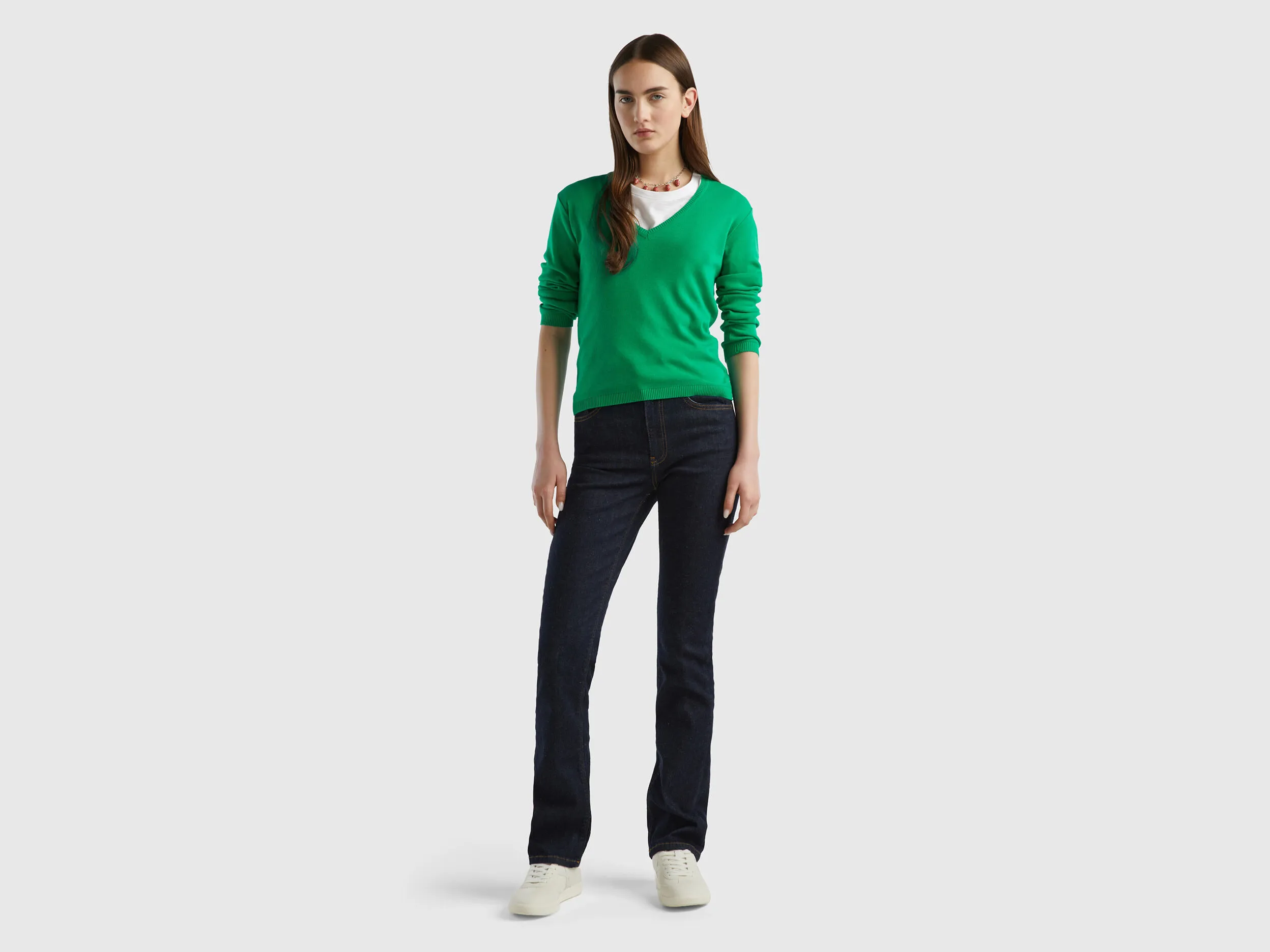 V-neck sweater in pure cotton - Green | Benetton