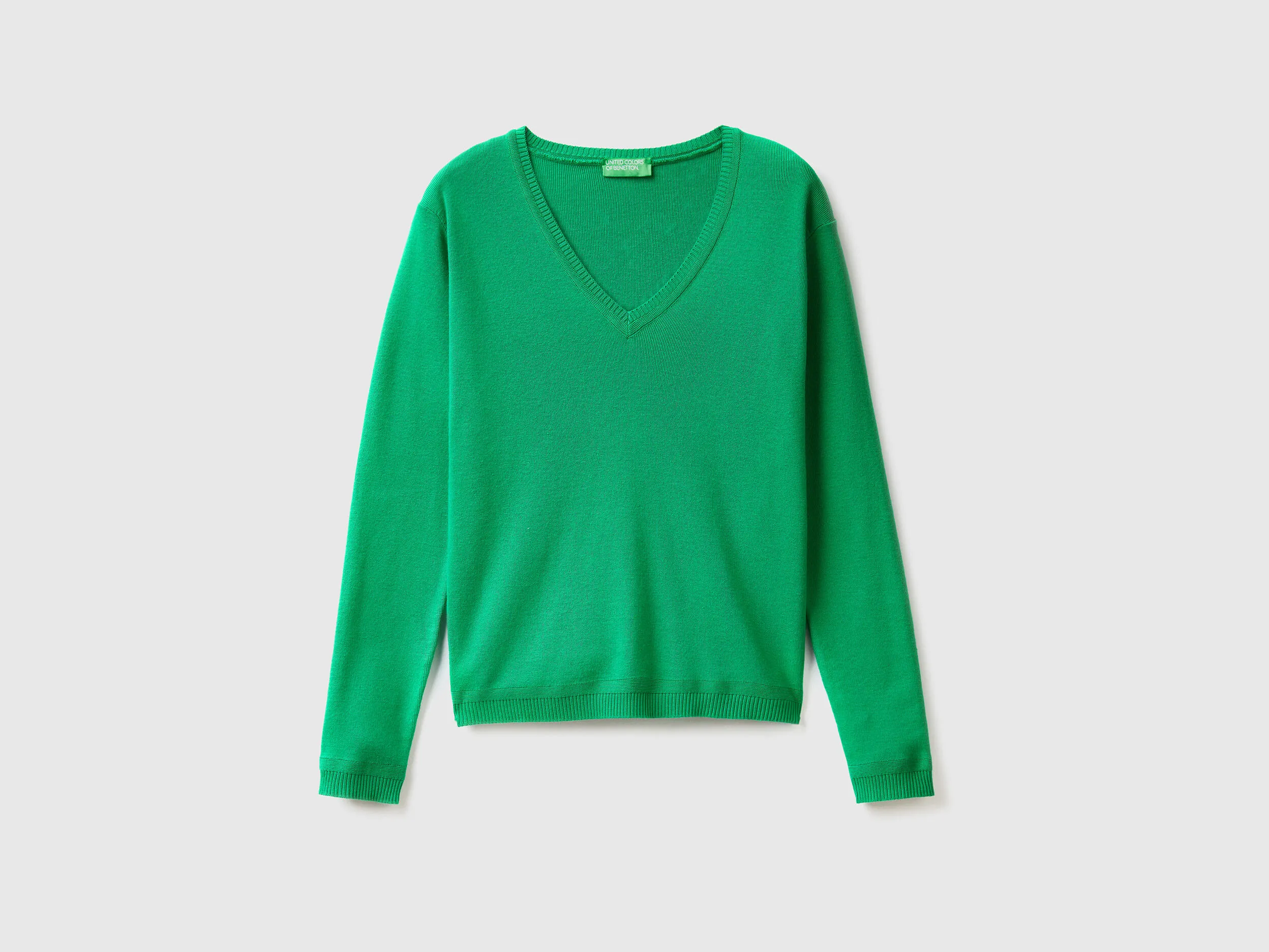 V-neck sweater in pure cotton - Green | Benetton