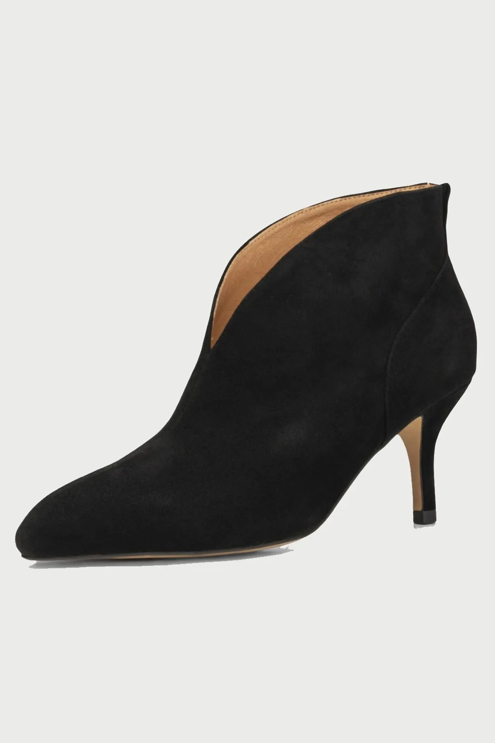 Valentine Low Cut Heeled Ankle Boot in Black Suede