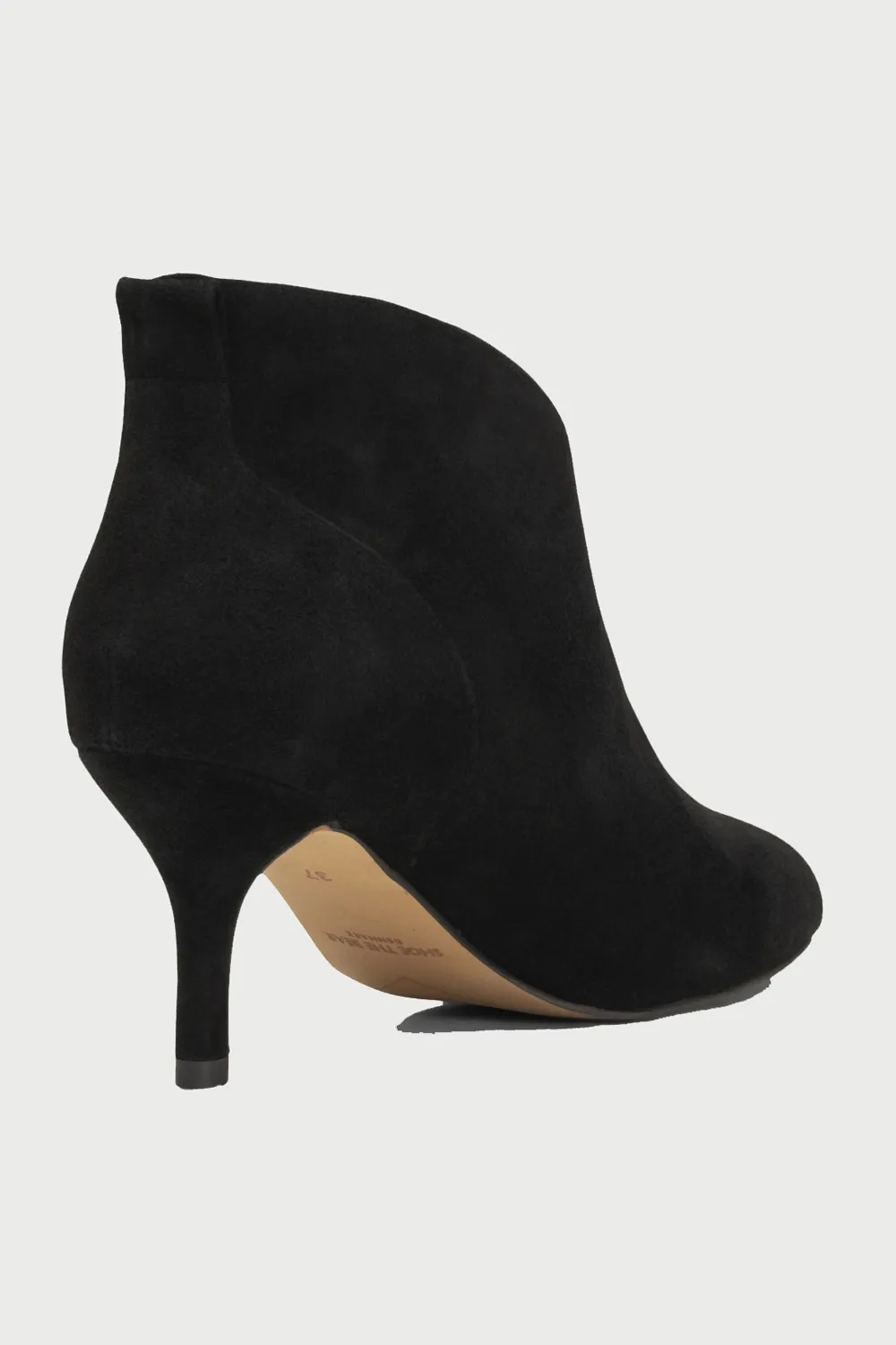 Valentine Low Cut Heeled Ankle Boot in Black Suede