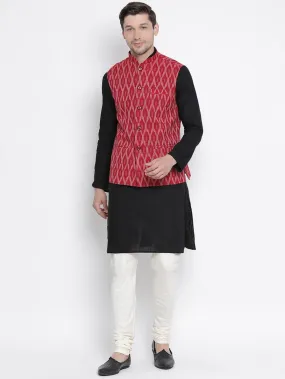 VASTRAMAY Men's Black Cotton Kurta, Ethnic Jacket and Pyjama Set