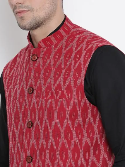 VASTRAMAY Men's Black Cotton Kurta, Ethnic Jacket and Pyjama Set