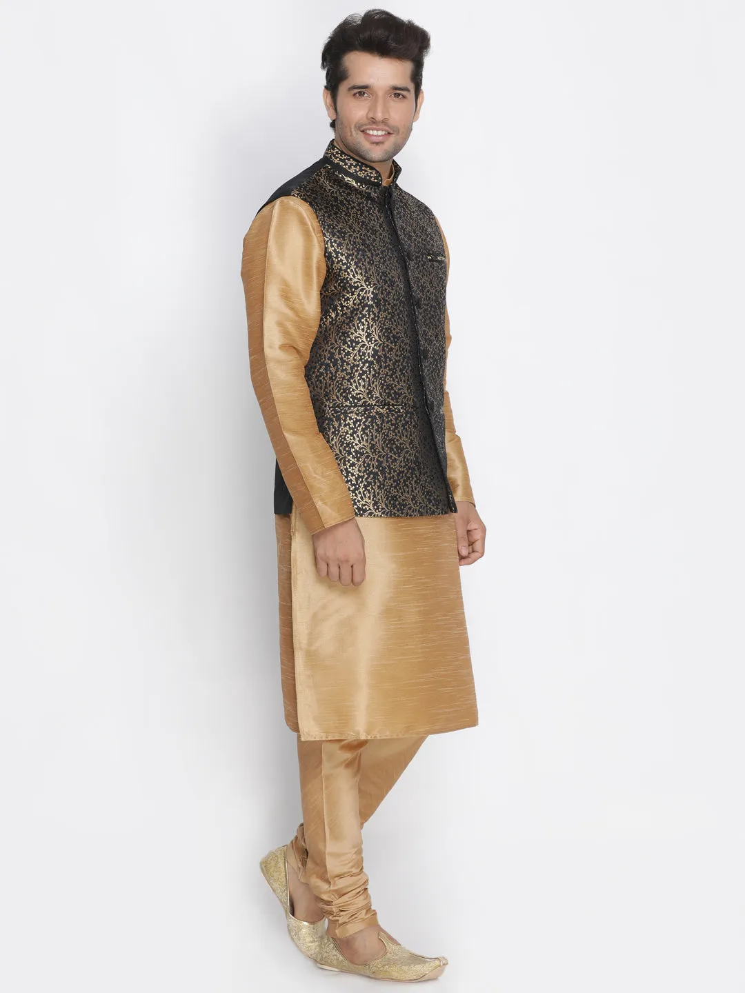 VASTRAMAY Men's Black Cotton Silk Blend Kurta, Ethnic Jacket and Pyjama Set