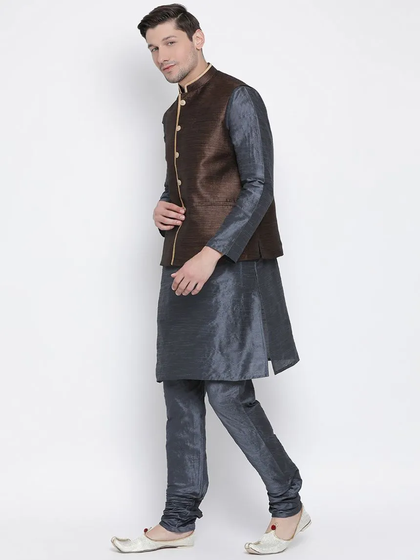 VASTRAMAY Men's Grey Cotton Silk Blend Kurta, Ethnic Jacket and Pyjama Set