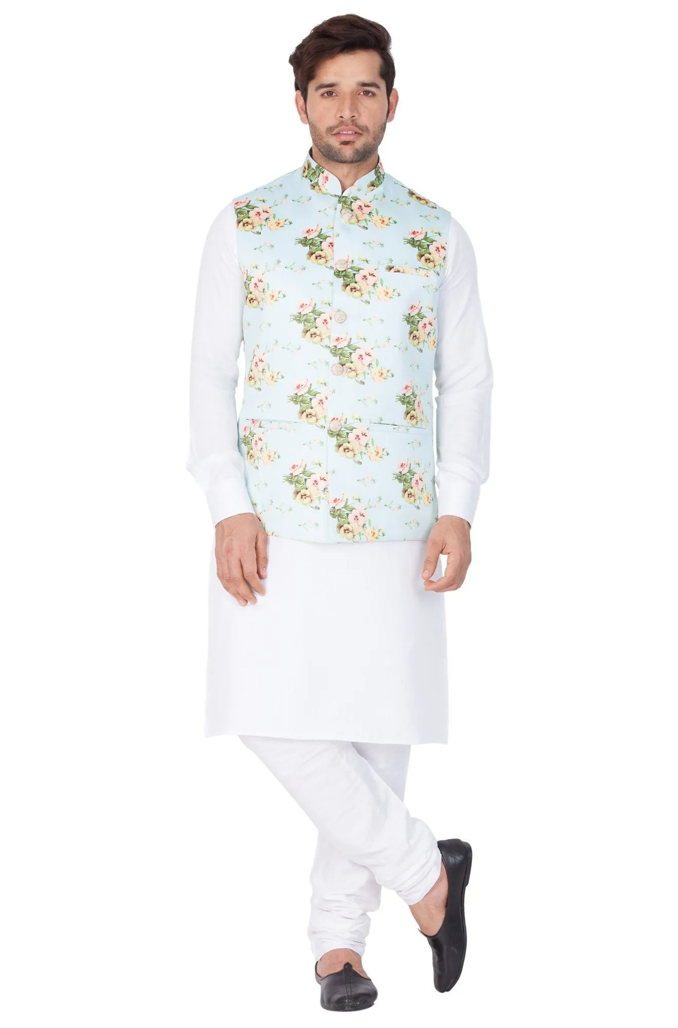 VASTRAMAY Men's White Cotton Blend Kurta, Ethnic Jacket and Pyjama Set