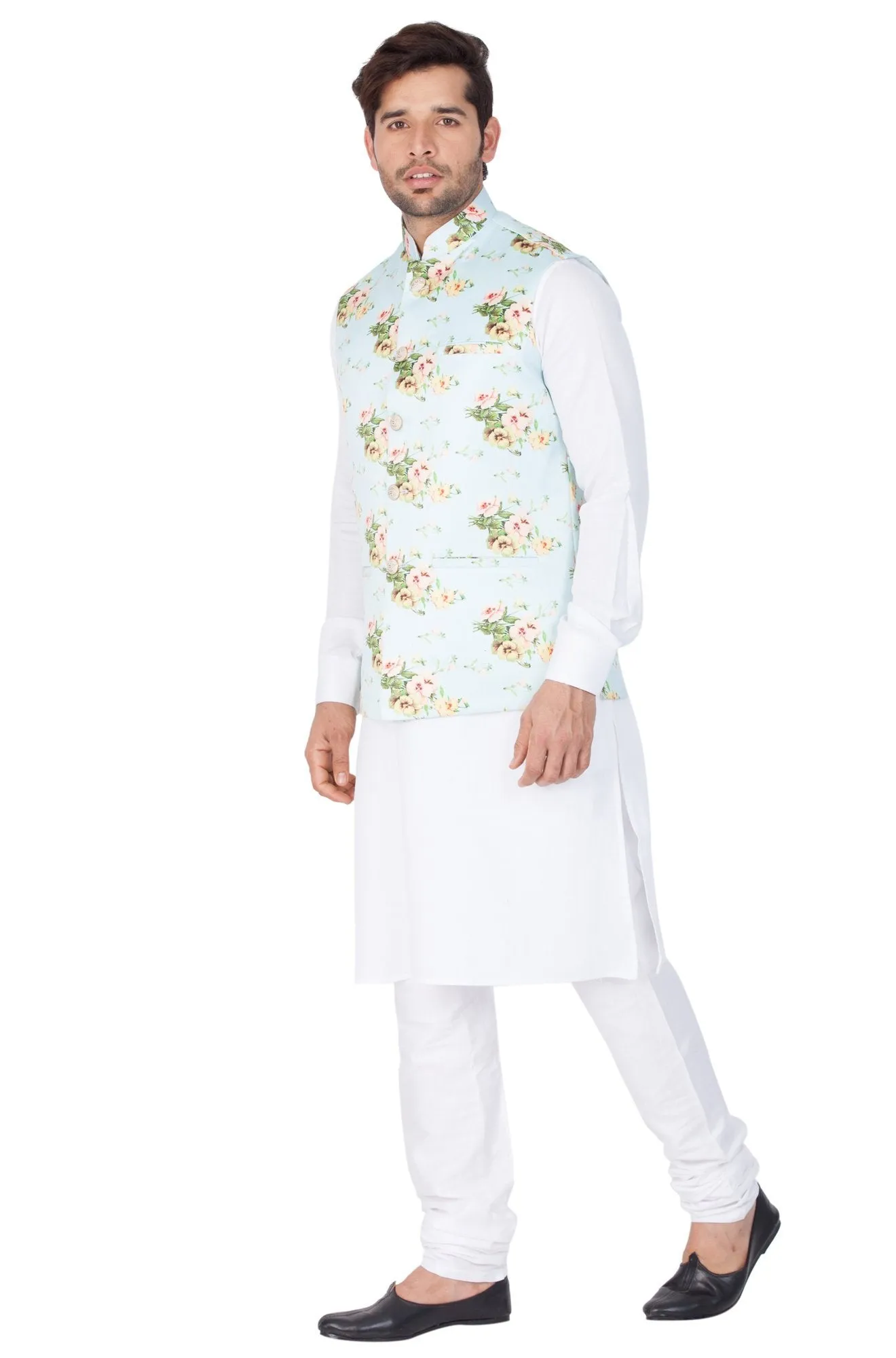 VASTRAMAY Men's White Cotton Blend Kurta, Ethnic Jacket and Pyjama Set