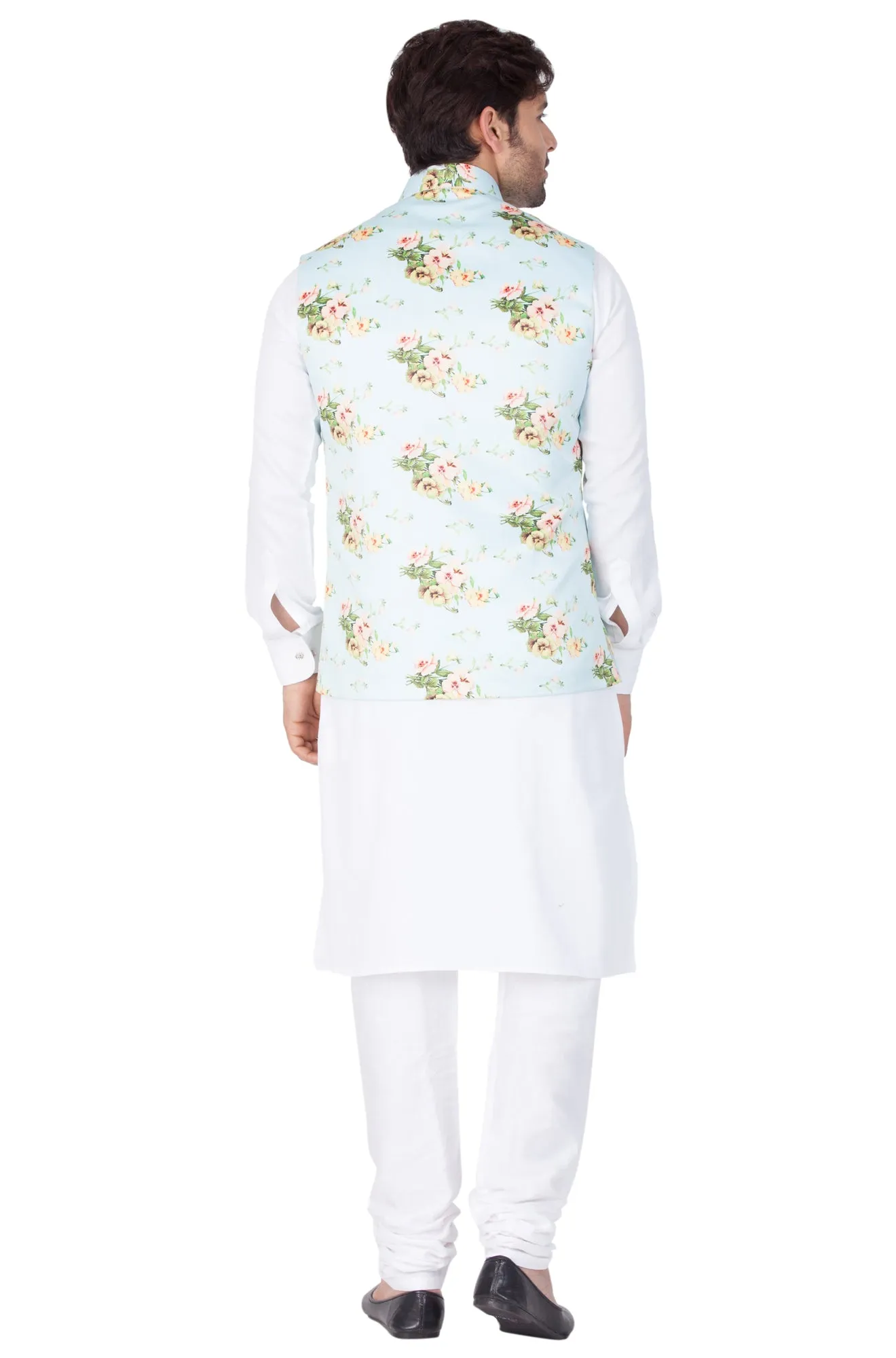 VASTRAMAY Men's White Cotton Blend Kurta, Ethnic Jacket and Pyjama Set