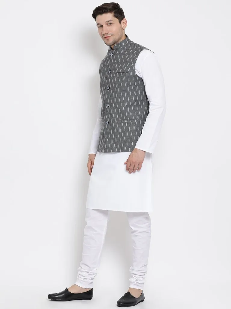 VASTRAMAY Men's White Cotton Kurta, Ethnic Jacket and Churidar Set