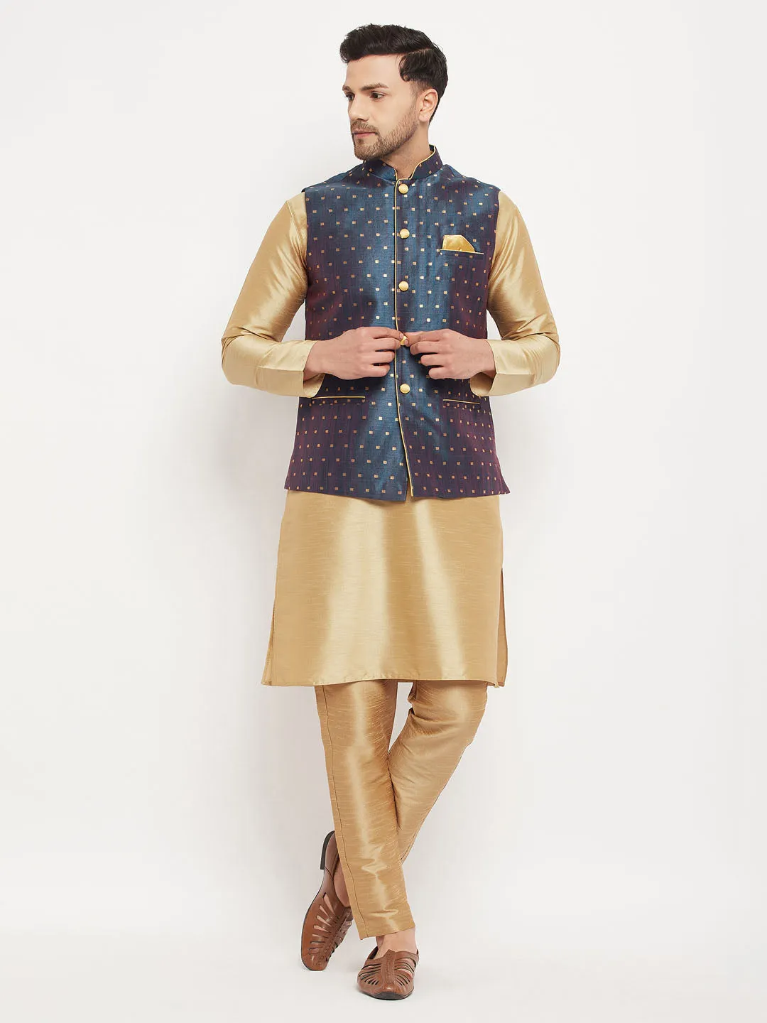 VM BY VASTRAMAY Men's Blue Zari Weaved Jacket With Kurta Pant Set