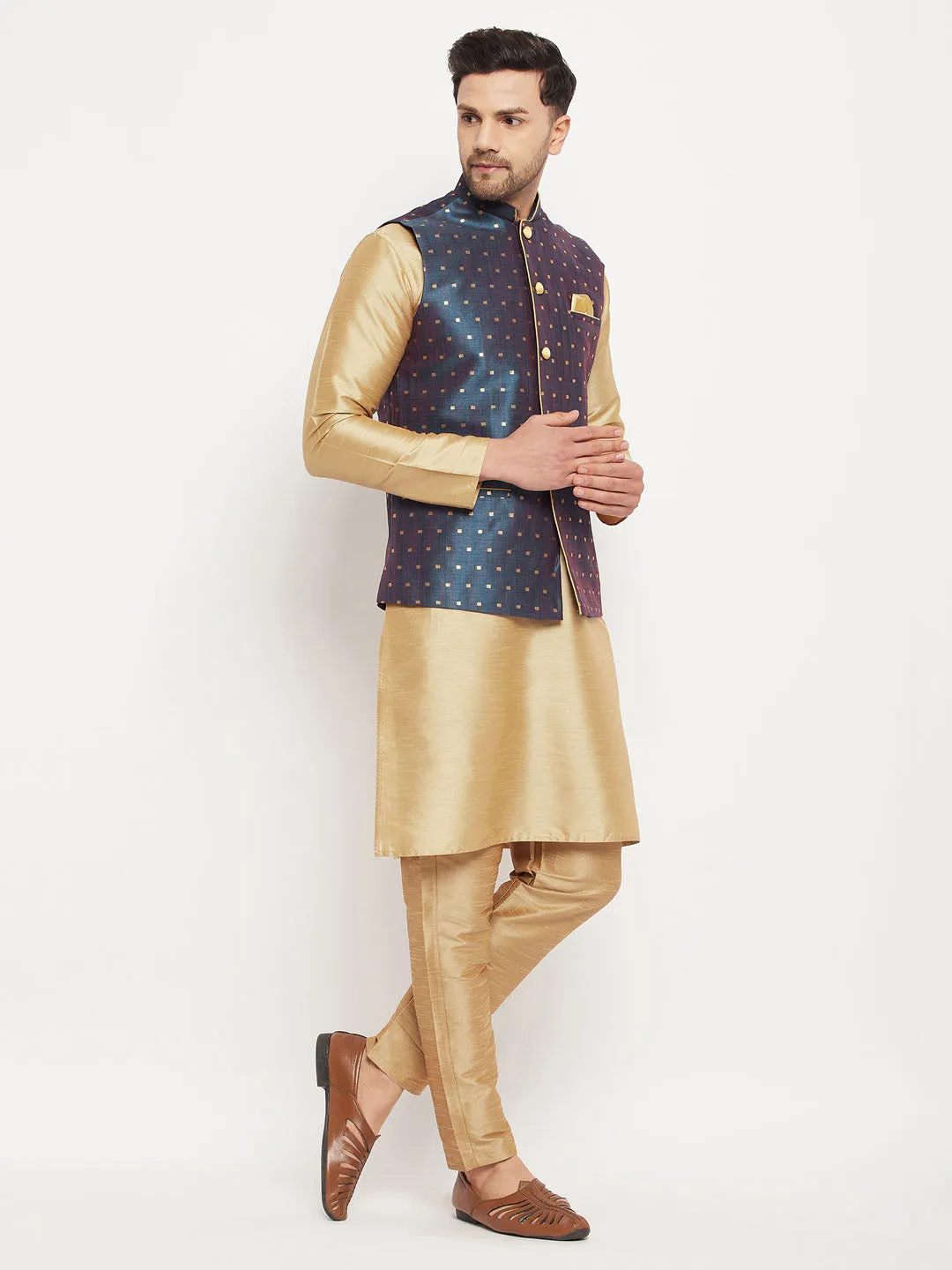 VM BY VASTRAMAY Men's Blue Zari Weaved Jacket With Kurta Pant Set