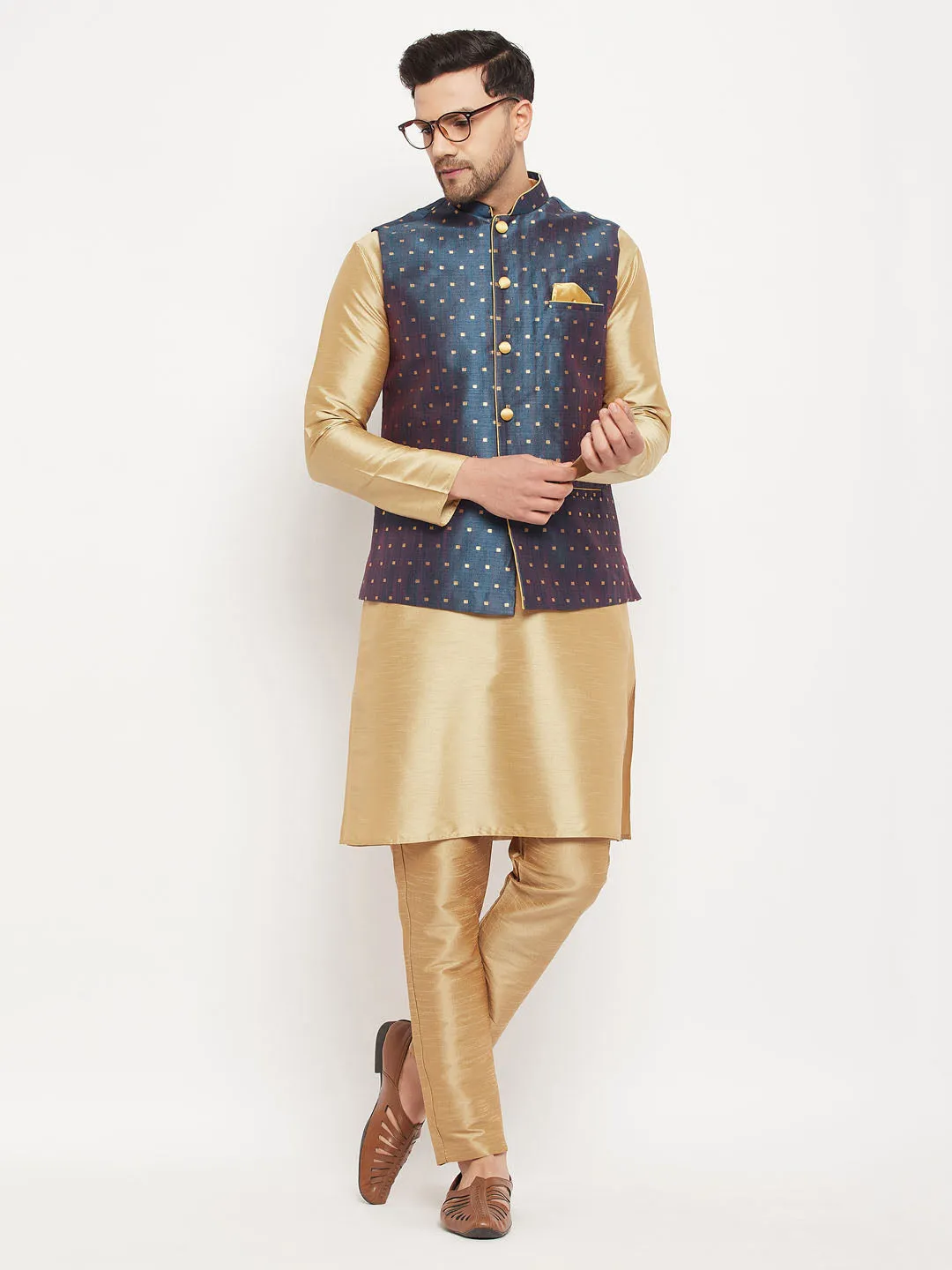 VM BY VASTRAMAY Men's Blue Zari Weaved Jacket With Kurta Pant Set