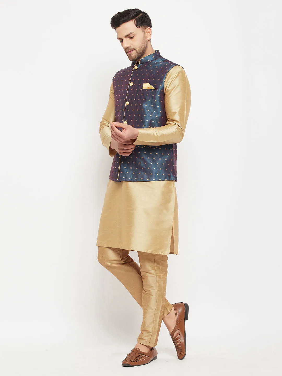 VM BY VASTRAMAY Men's Blue Zari Weaved Jacket With Kurta Pant Set