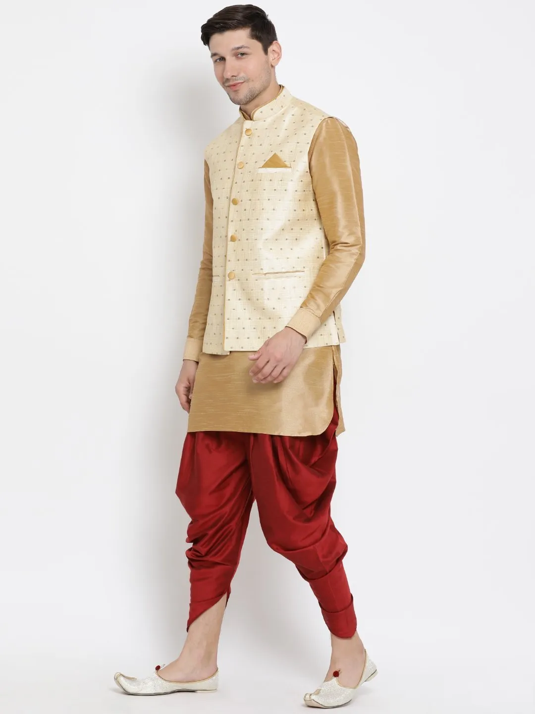 VM By VASTRAMAY Men's Gold Zari Weaved Jacket With Kurta Dhoti Set