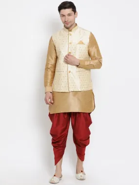 VM By VASTRAMAY Men's Gold Zari Weaved Jacket With Kurta Dhoti Set