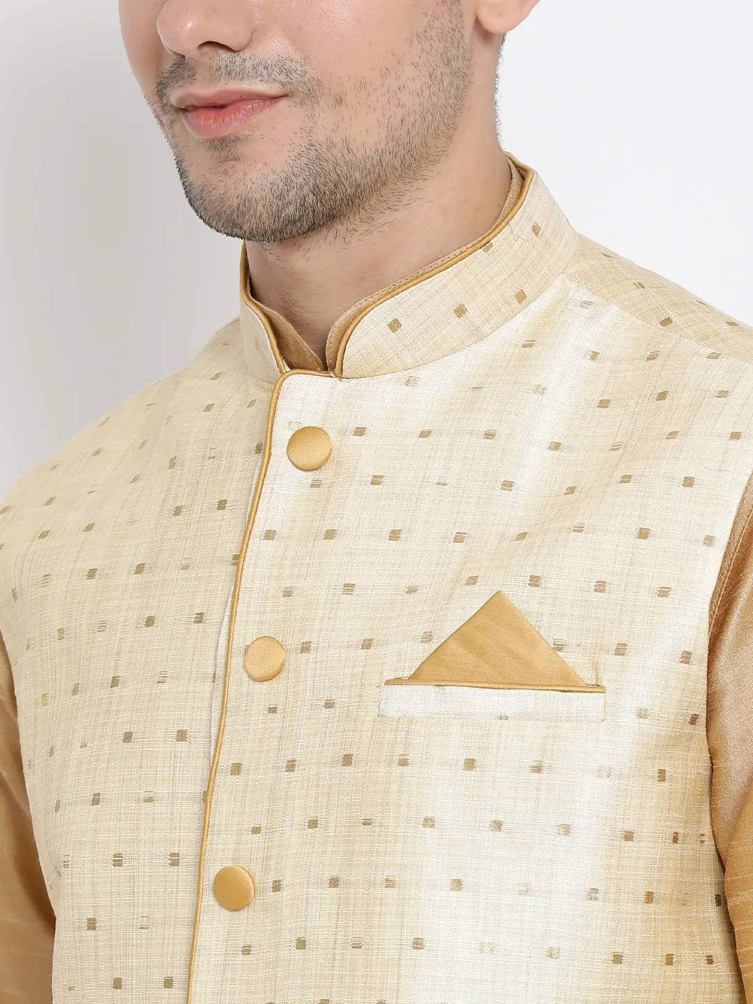 VM By VASTRAMAY Men's Gold Zari Weaved Jacket With Kurta Dhoti Set