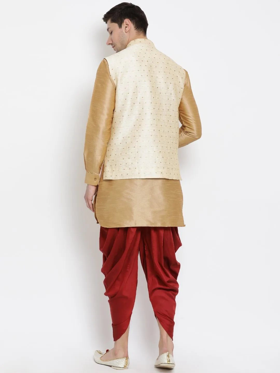 VM By VASTRAMAY Men's Gold Zari Weaved Jacket With Kurta Dhoti Set