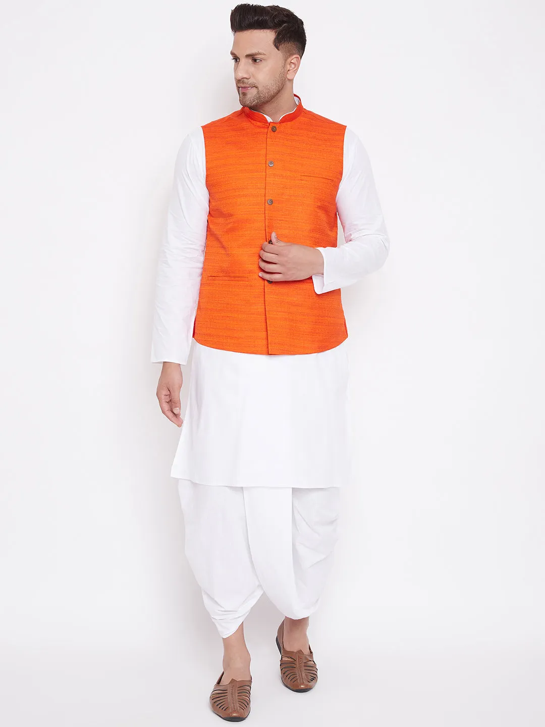 VM BY Vastramay Men's Orange And White Cotton Blend Jacket, Kurta and Dhoti Set