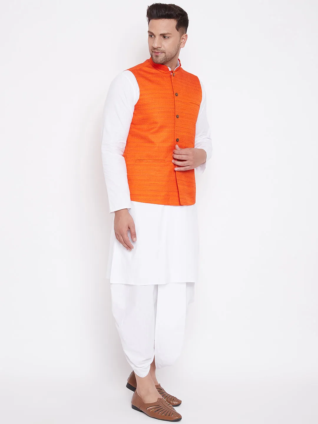 VM BY Vastramay Men's Orange And White Cotton Blend Jacket, Kurta and Dhoti Set