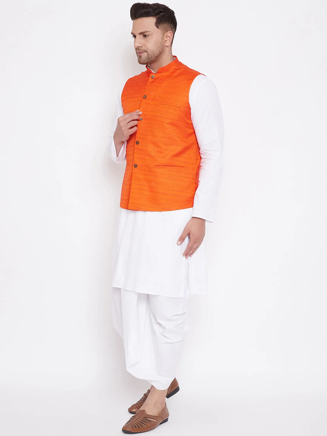 VM BY Vastramay Men's Orange And White Cotton Blend Jacket, Kurta and Dhoti Set