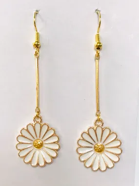 White Daisy Gold Long Dangle Bar Earrings