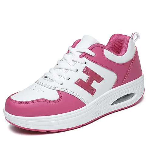 White pink H pattern rocker bottom shoe sneaker