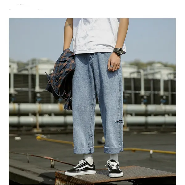 Wide leg ripped jeans for men in light blue