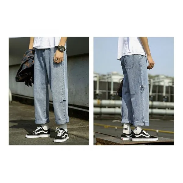 Wide leg ripped jeans for men in light blue