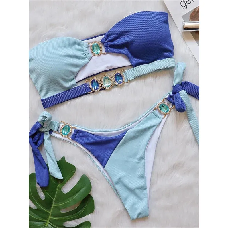 Women's Luxury Patchwork Bandeau Cut Out Rhinestone Swimwear Bikini