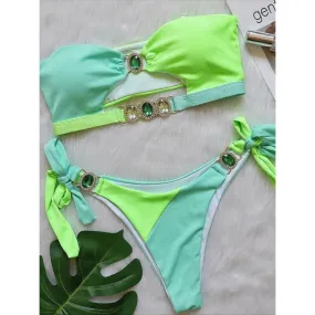 Women's Luxury Patchwork Bandeau Cut Out Rhinestone Swimwear Bikini