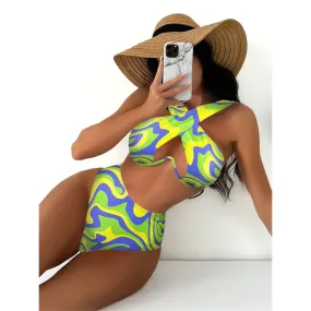 Women's Polyester Print Pattern Halter Cross High Waist 2 Piece Swimsuit