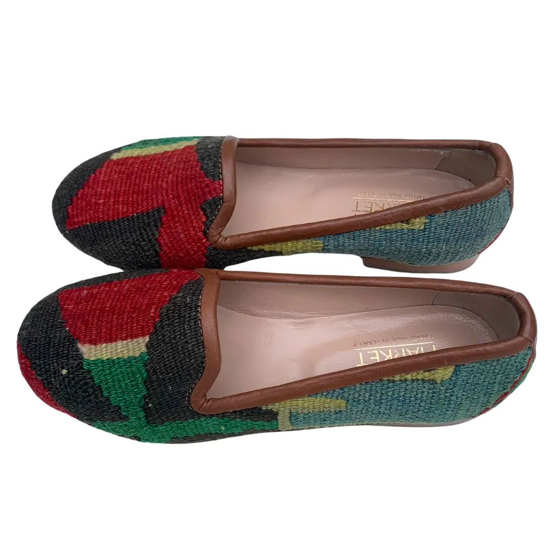 Women's Turkish Kilim Loafers Red & Black with Green